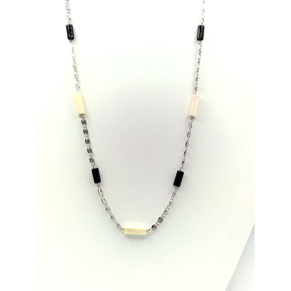 Sterling Silver Snail Chain with Black and White Rectangles 20" - Picture 1 of 5